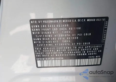 2018 Volkswagen Tiguan 2.0T Se/2.0T Sel from USA, damaged, VIN 3VV2B7AX6JM159094